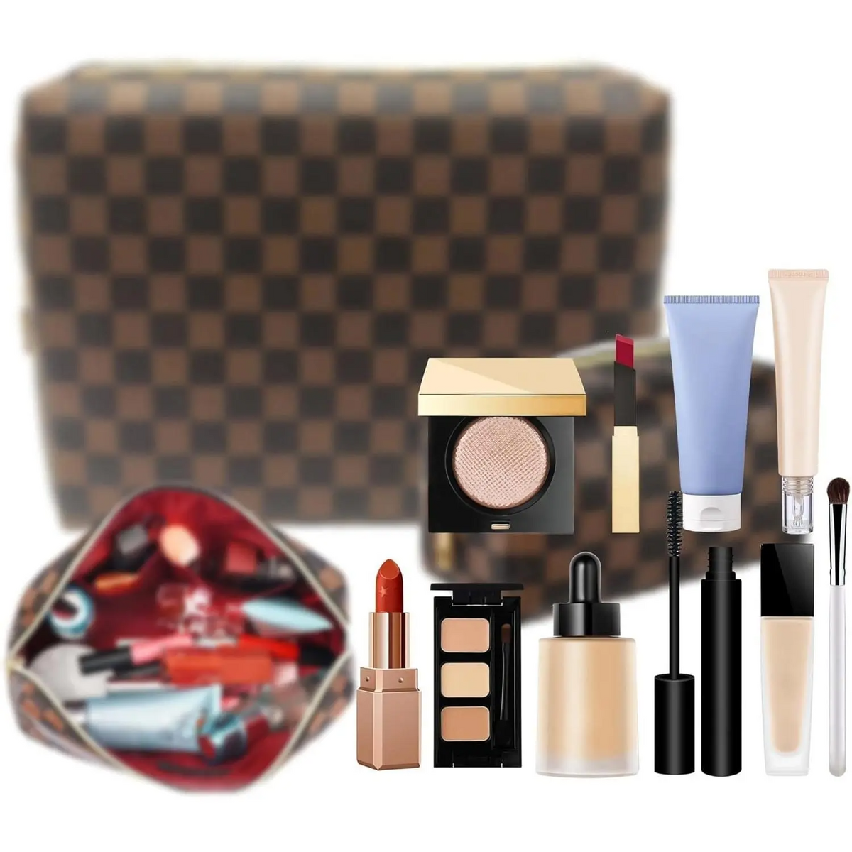 Checkered PU Makeup Bag Set