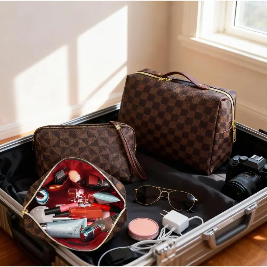 Checkered PU Makeup Bag Set