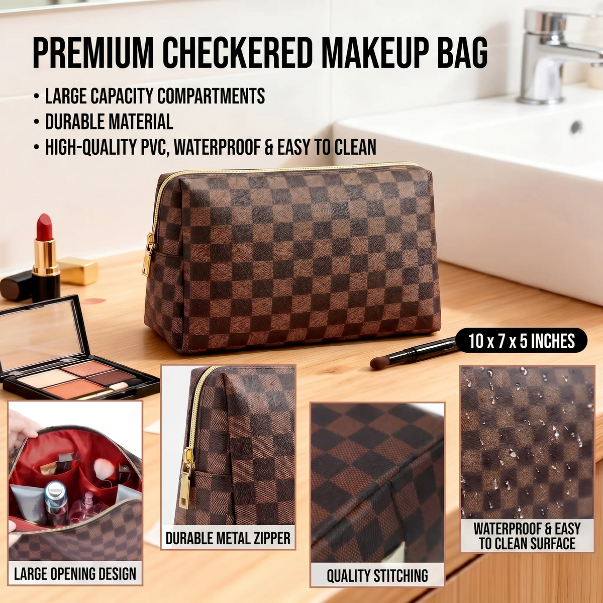 Checkered PU Makeup Bag Set